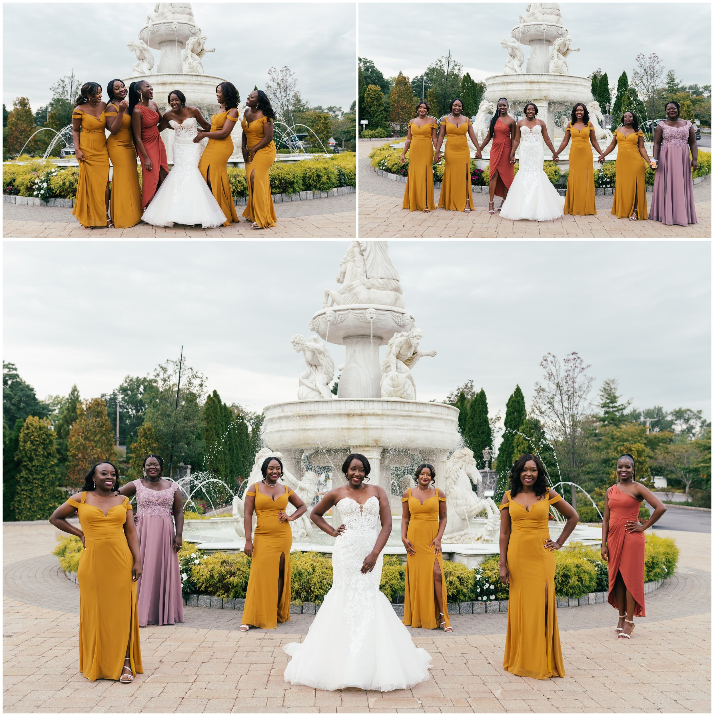 Black bridesmaids in formation in front of a grand fountain wearing mustard yellow dresses. 