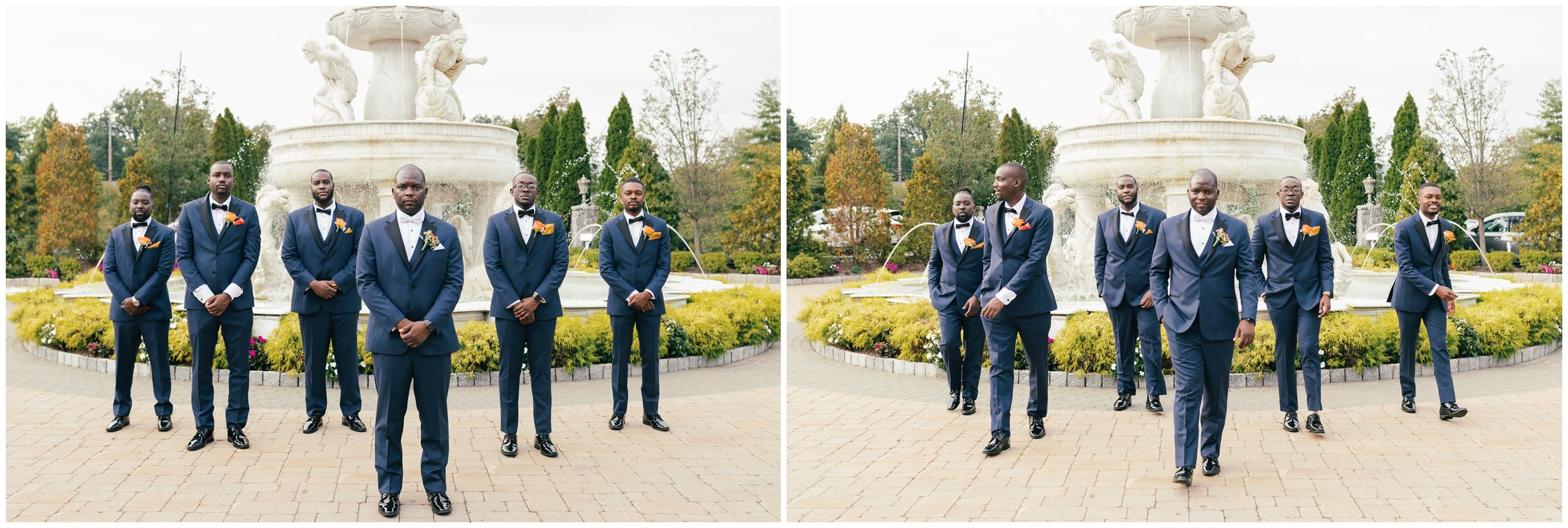 Groomsmen photos in front of a grand fountain