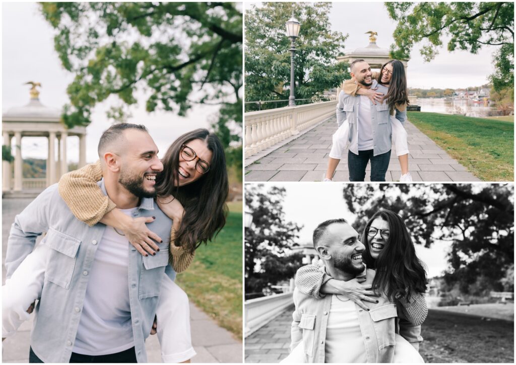 Couples piggy back ride during photo session at Fairmount water works