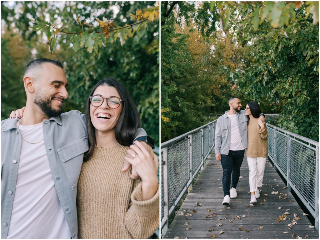 Candid laughter couples photos with lots of fall foliage in Fairmount water works