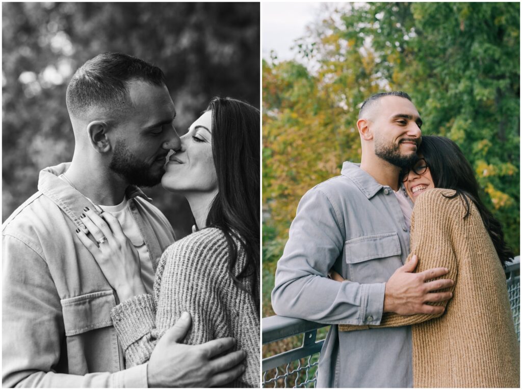 Husband and wife snuggle up during fall couples photo shoot in Fairmount Philadelphia