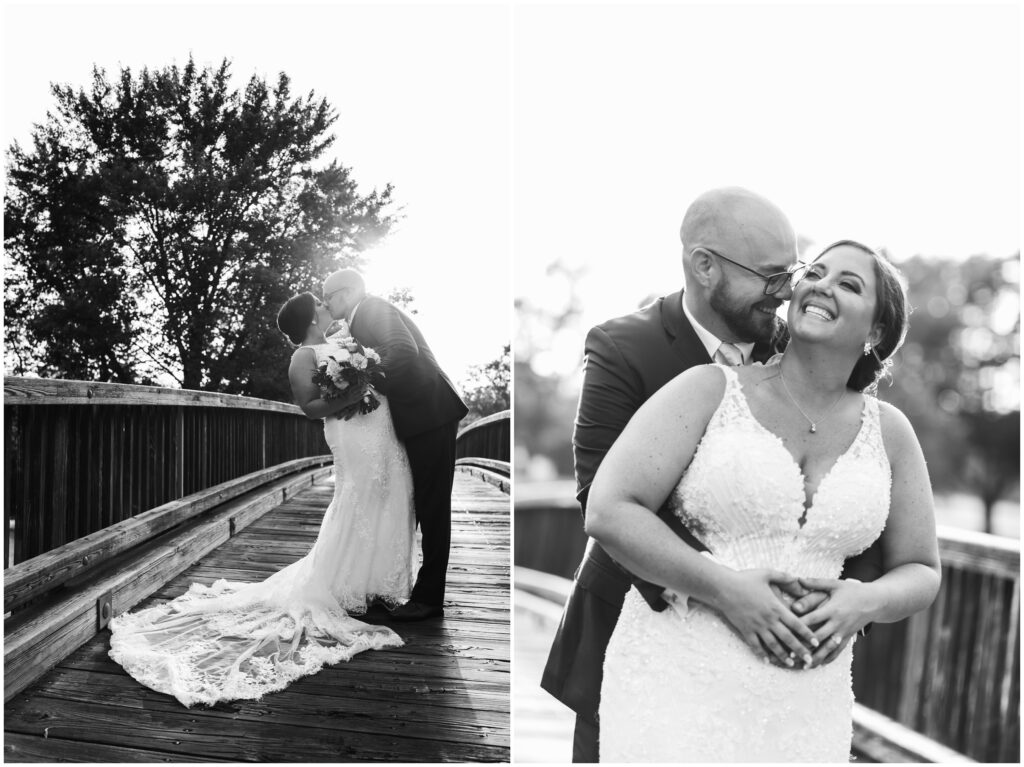 Black and white bride and groom portraits on bridge in South Jersey Weddings