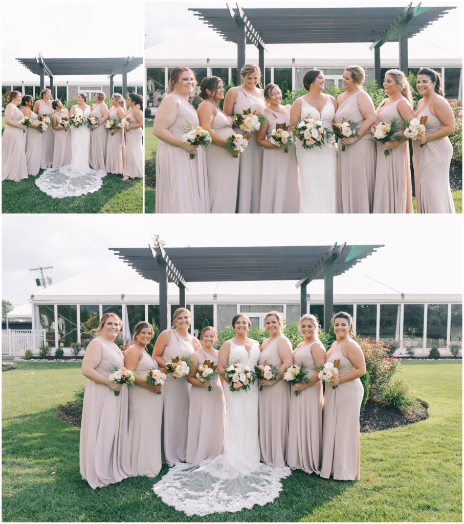 Bridal party photos with bridesmaids in bluish colored dresses