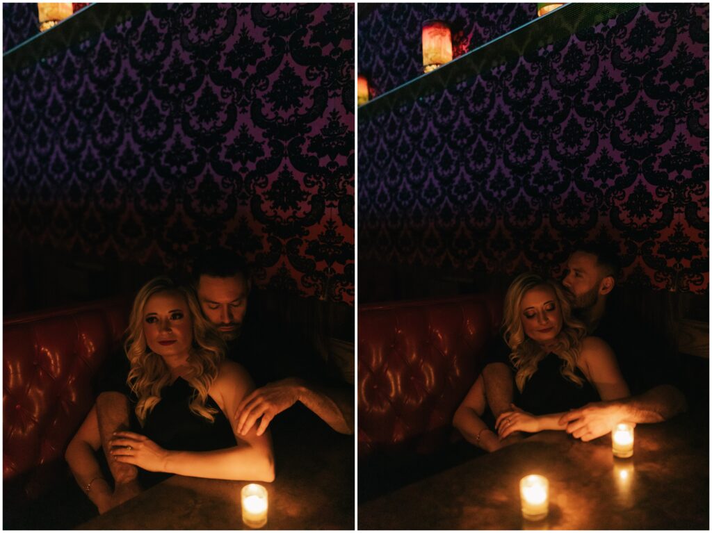 romantic couple photos at a candlelit dinner table 