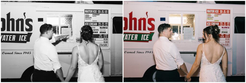 Bride and groom at ice cream truck during wedding reception