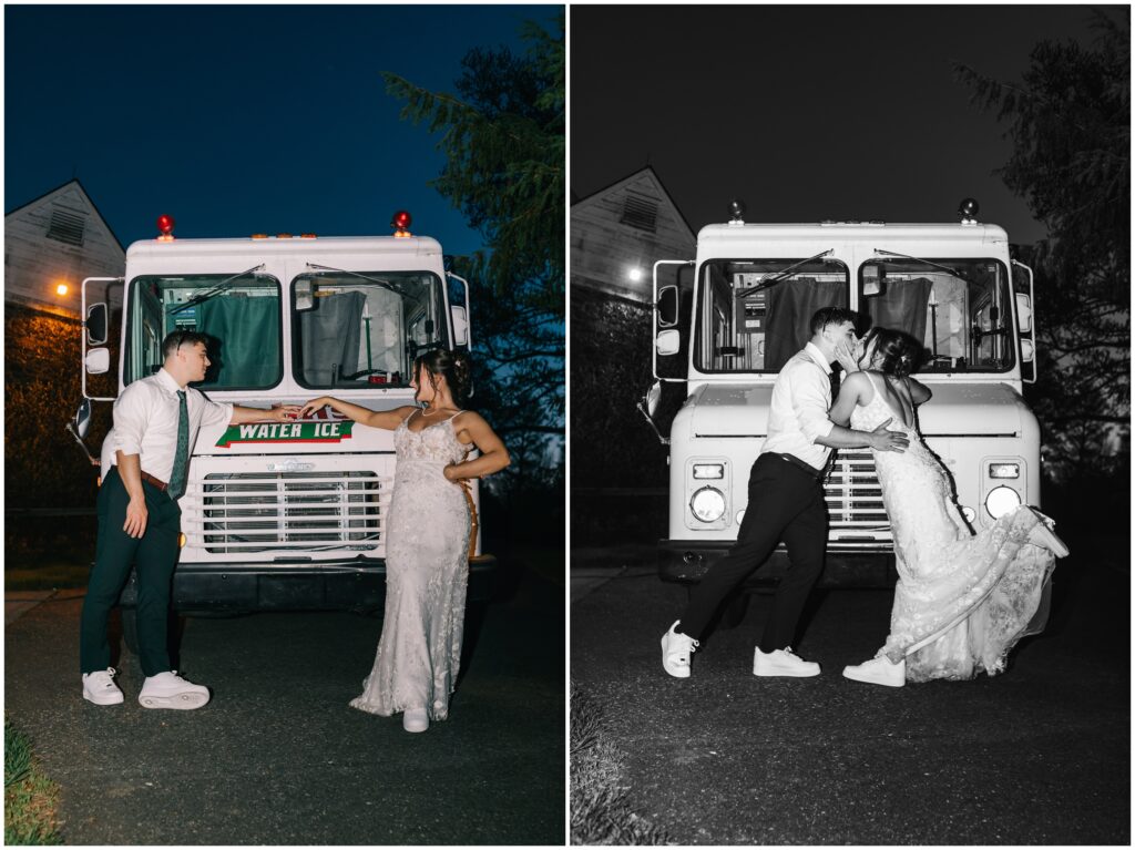bride and groom kissing in front of ice cream truck