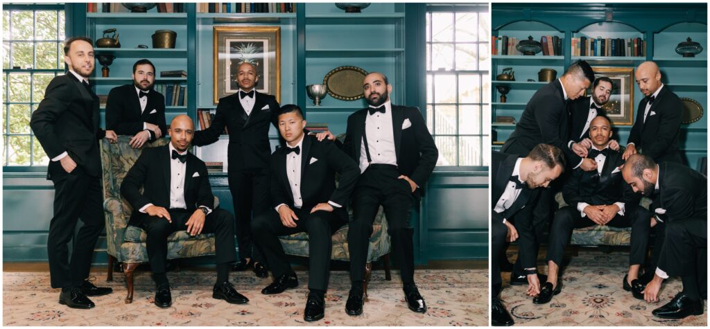 Editorial flash groomsmen photos at Brantwyn estate library  